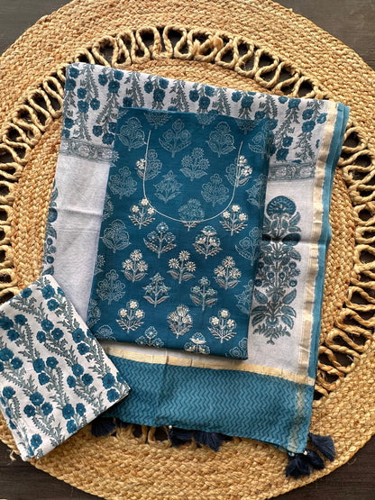 Blue Chanderi Khadi Hand Block Printed 3-Piece Unstitched Suit