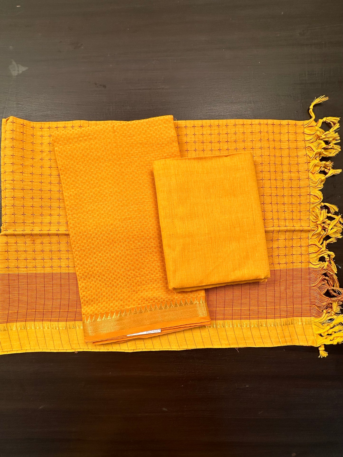 Mustard Handloom Emboss Cotton  3-Piece Suit