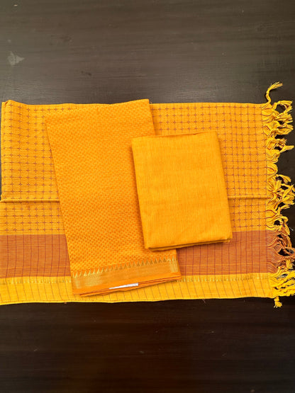 Mustard Handloom Emboss Cotton  3-Piece Suit