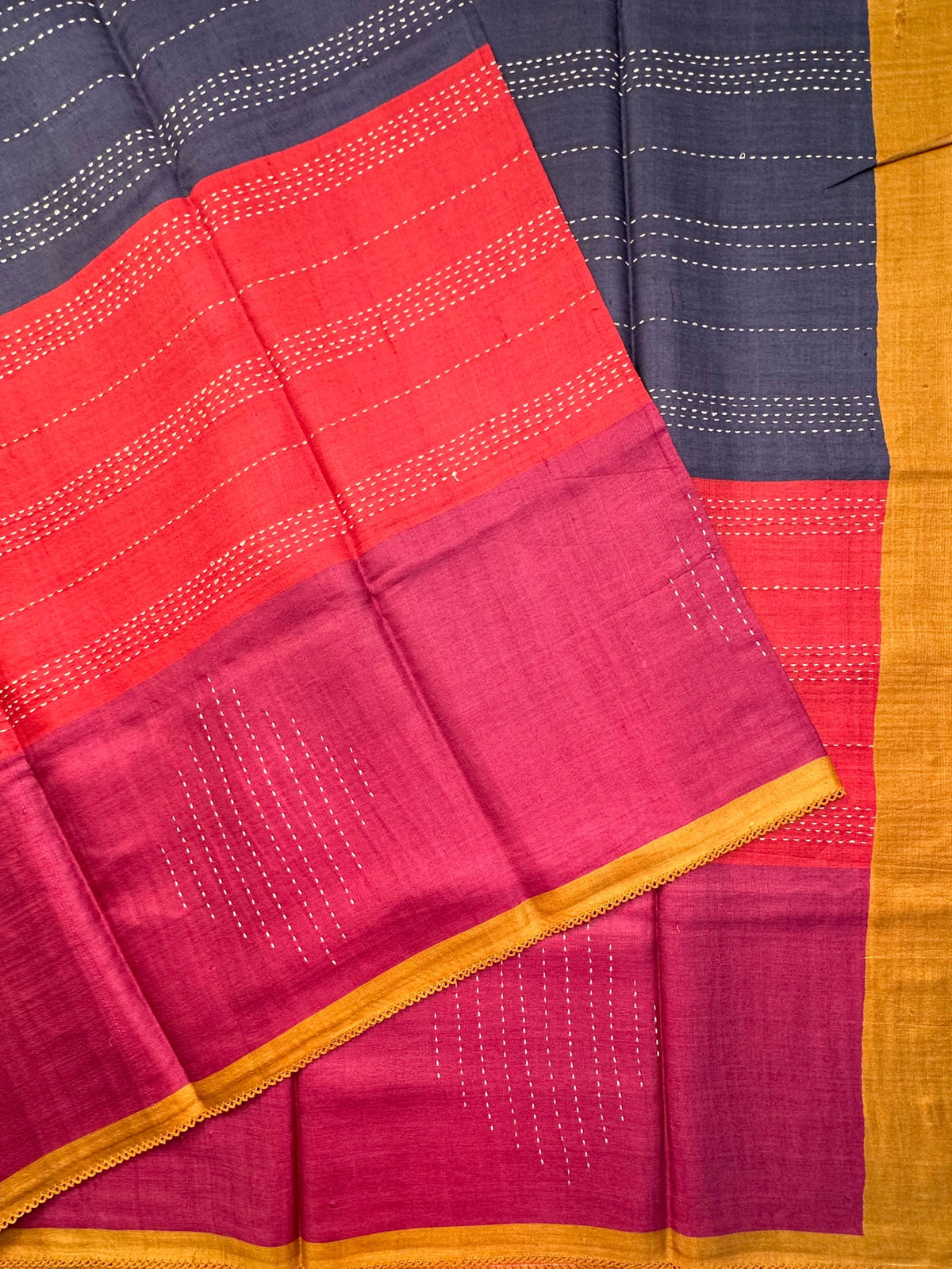Navy Blue-Red-Magenta Pure Tussar Silk Saree