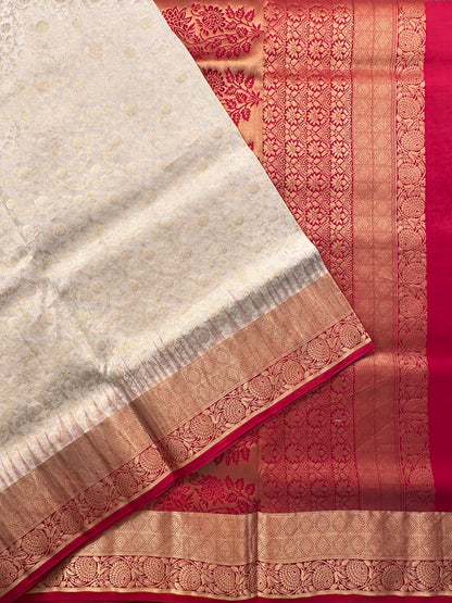 Cream-Maroon Handloom Kanjivaram Jamawar Pure Silk Saree