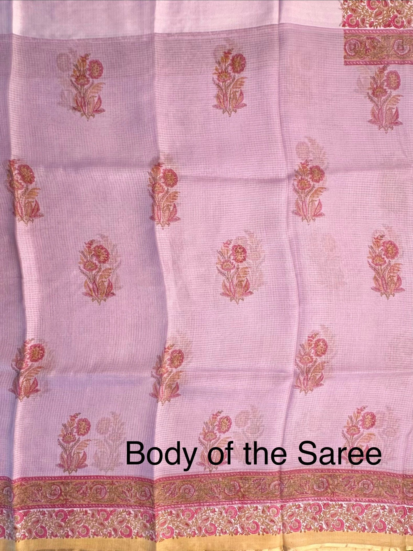 Mauve Hand Block-Print Pure Kota Doria Silk Saree