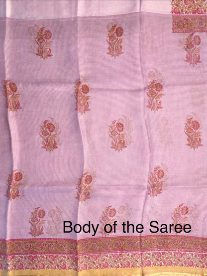 Mauve Hand Block-Print Pure Kota Doria Silk Saree