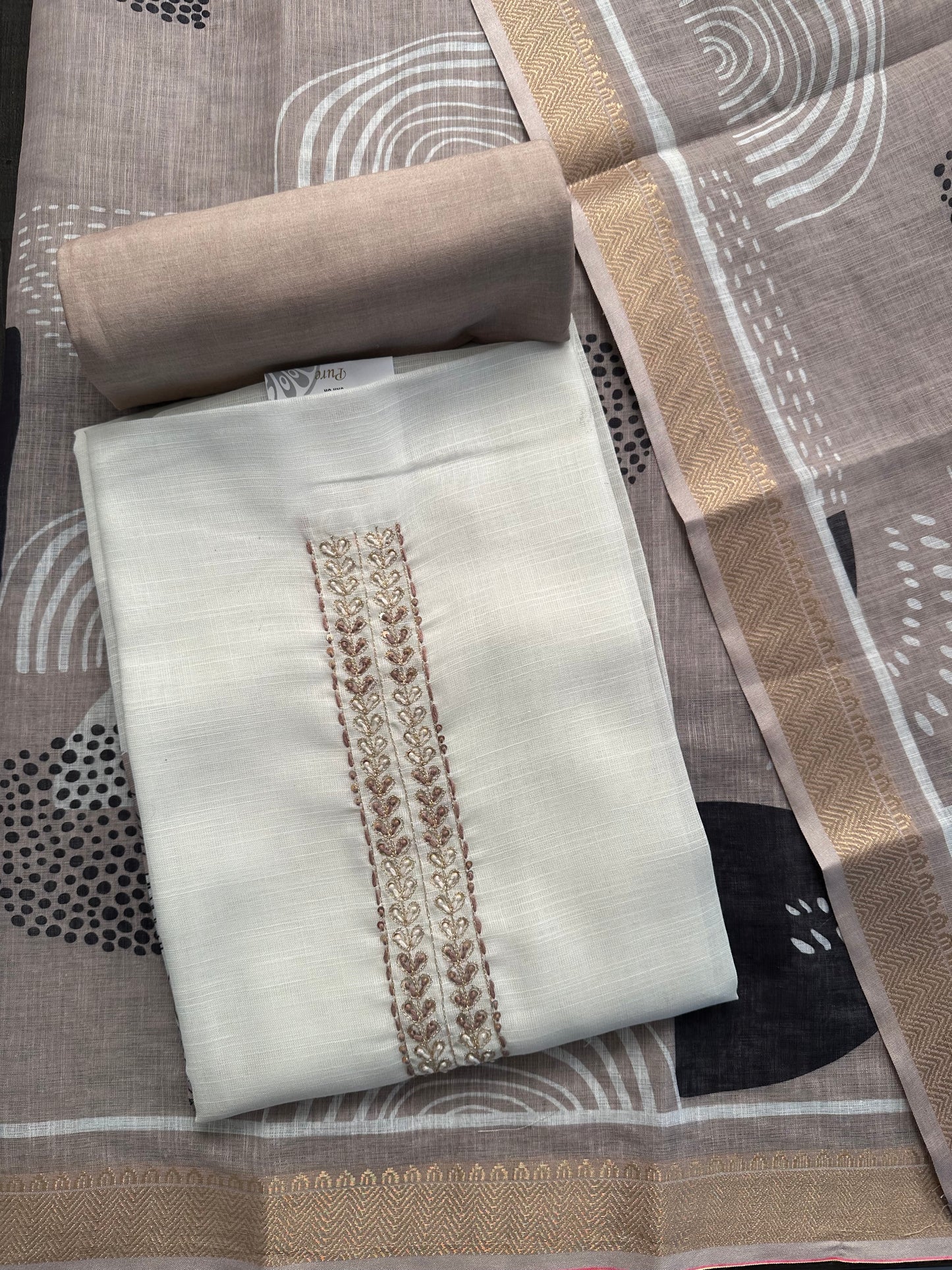 Off White-Beige Necktie Fancy Cotton 3-Piece Suit