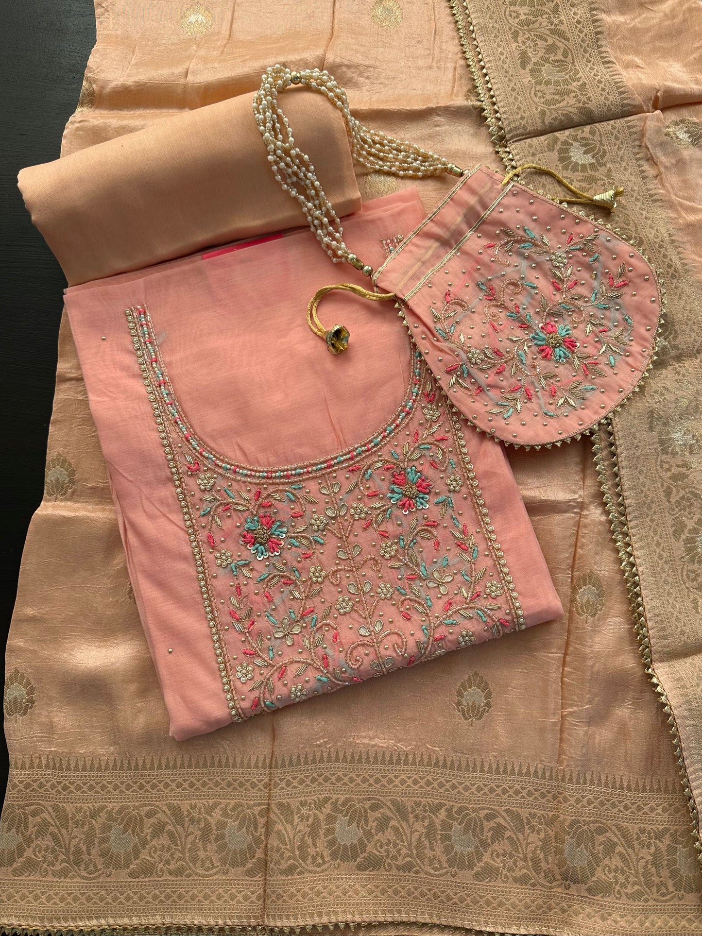 Peach Chanderi 3-Piece Suit With Banarasi Dupatta & Potli