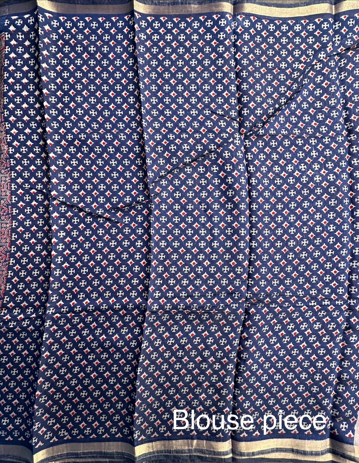 Navy Blue Ajrakh Print Cotton Blend Saree