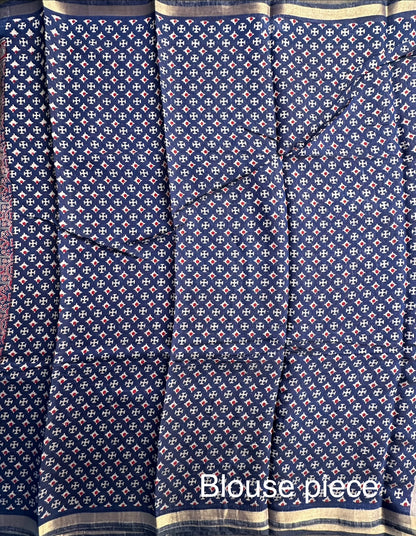 Navy Blue Ajrakh Print Cotton Blend Saree