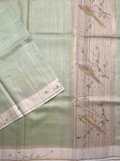 Pista Green Hand Print Muga Silk Saree