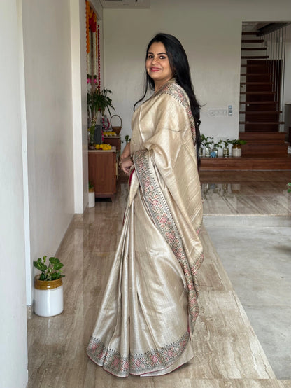 Beige Pure Tussar Silk Saree With Embroidery