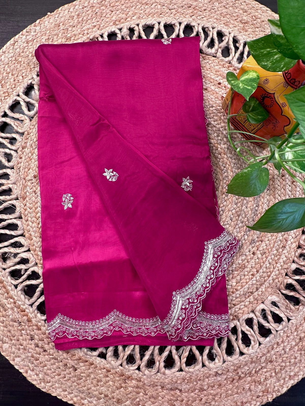 Deep Magenta Artificial Crepe Saree With Hand Work