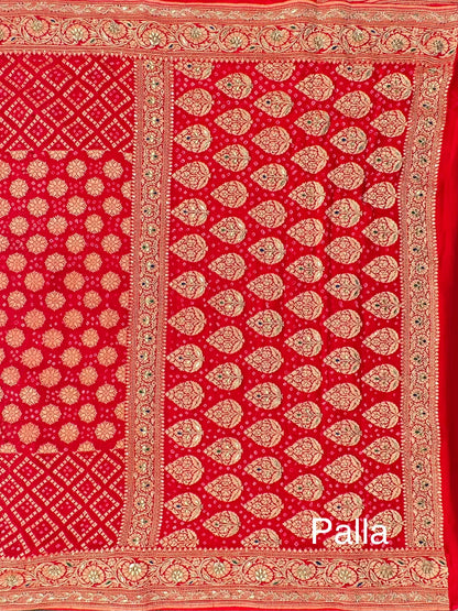 Red Pure Georgette Gharchola Bandhej With Hand Work Saree