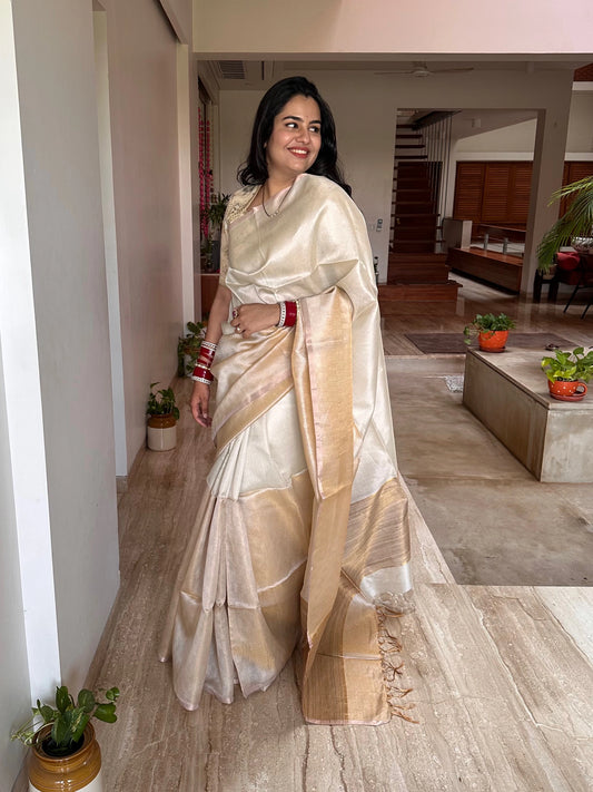 Off White-Golden Emboss Tissue Silk Saree
