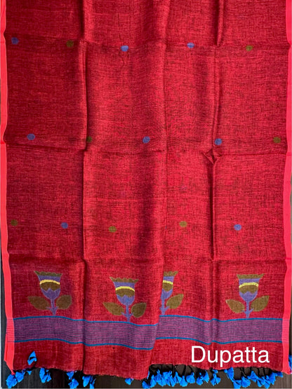 Maroon Linen Dhakai 2 Piece Kurta Dupatta Unstitched Set