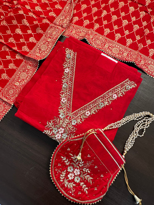 Chanderi 3-Piece Suit With Banarasi Dupatta & Potli