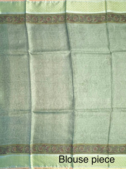Pista Hand Block-Print Pure Kota Doria Silk Saree