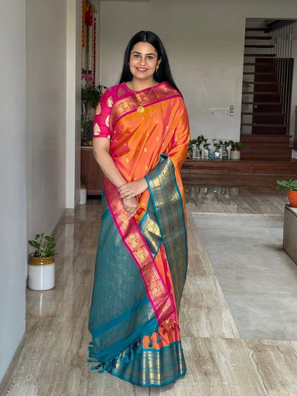 Orange-Rama Green Gadwal Pure Silk Saree