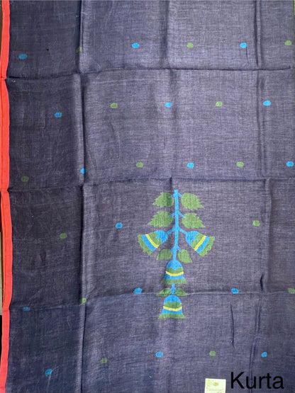 Navy Blue Linen Dhakai 2 Piece Kurta Dupatta Unstitched Set