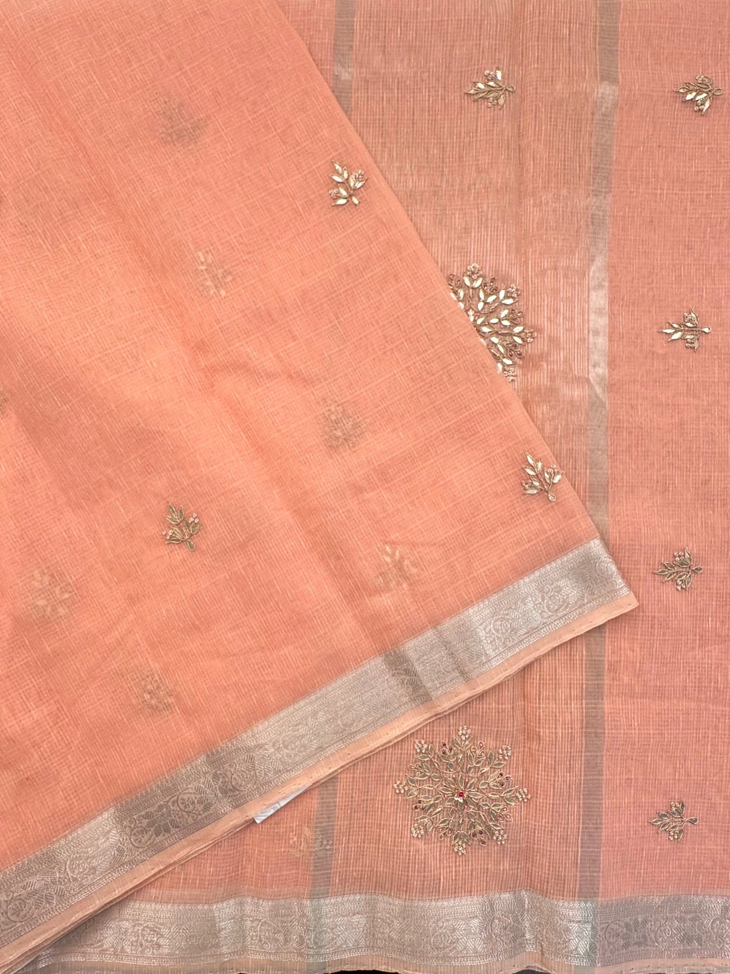 Peach Fancy Cotton Saree With Hand Work