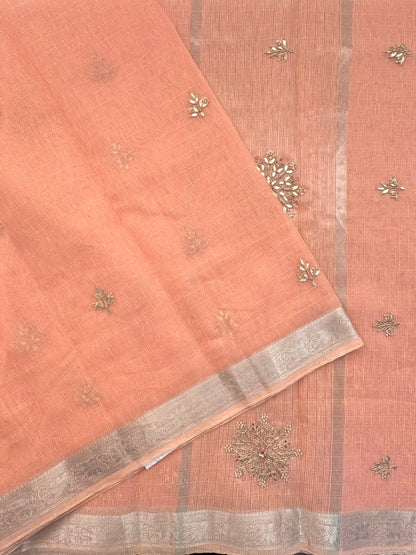 Peach Fancy Cotton Saree With Hand Work
