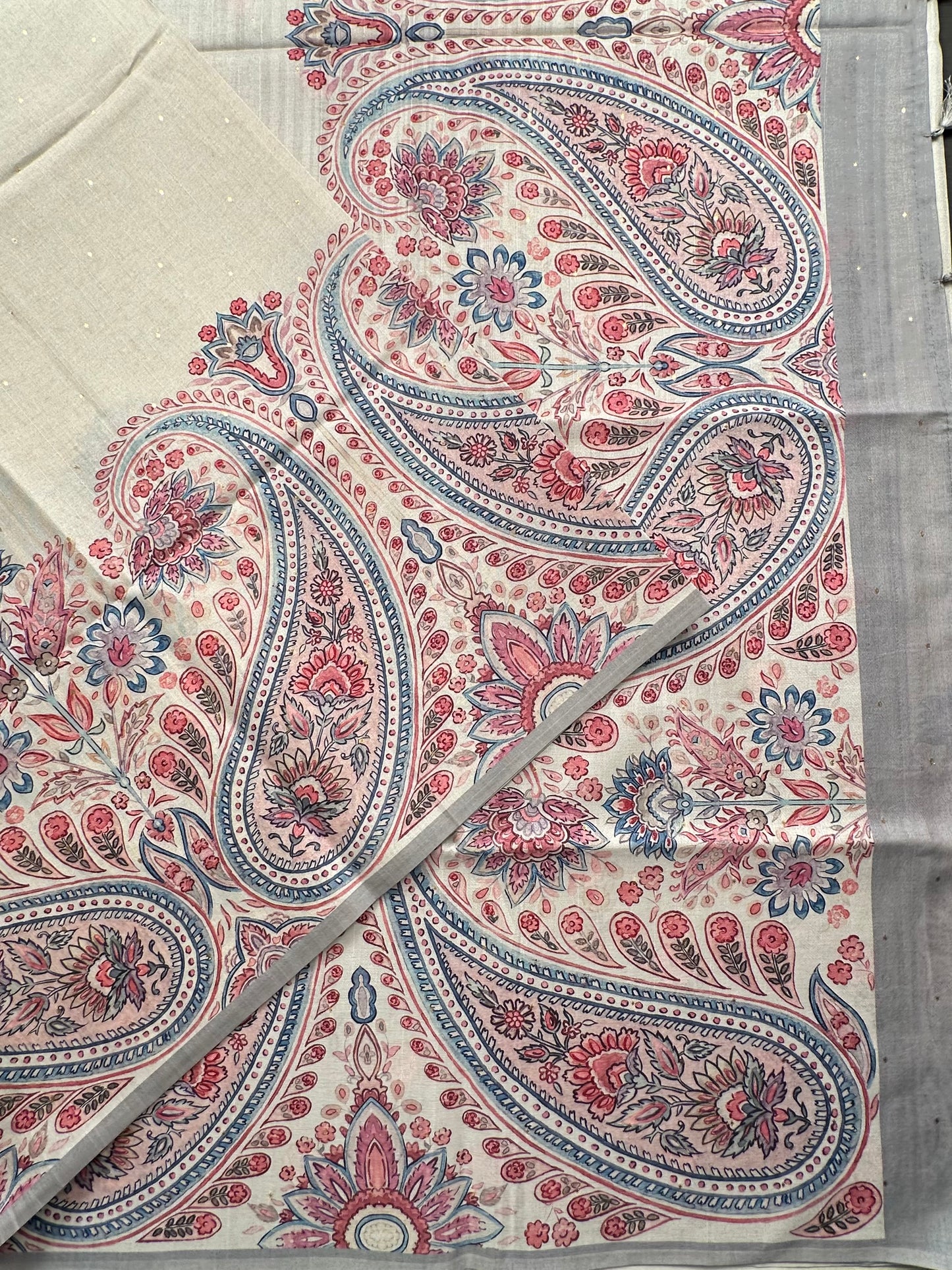 Off White-Grey Printed Art Silk Saree