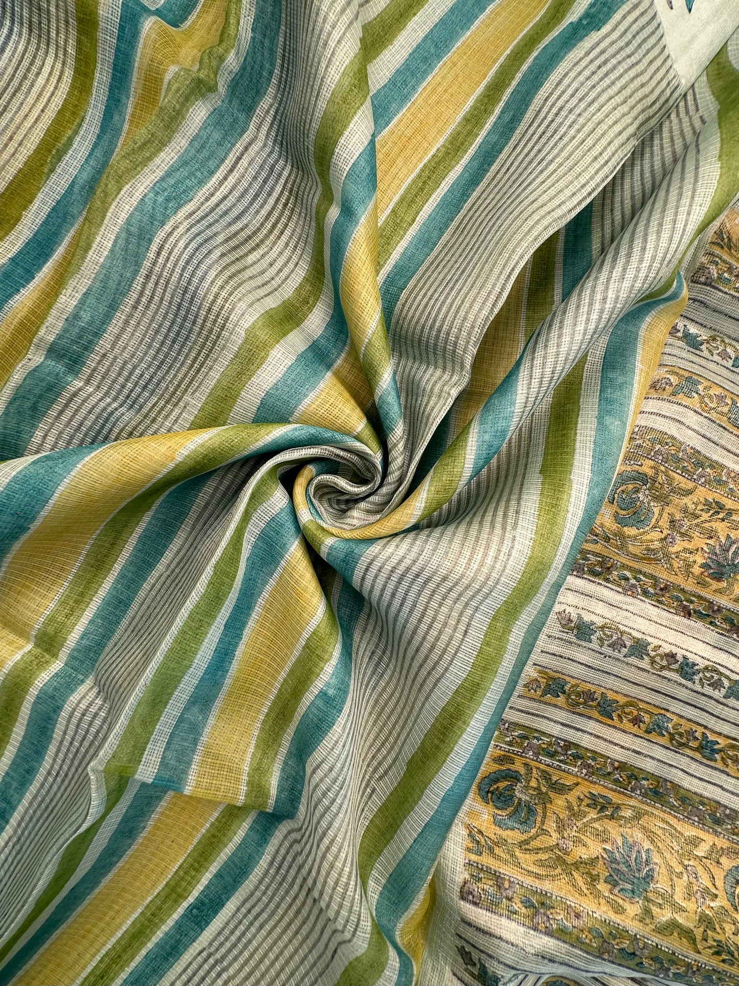 Sea Green-Multi Colour Hand Block-Print Pure Kota Doria Silk Saree