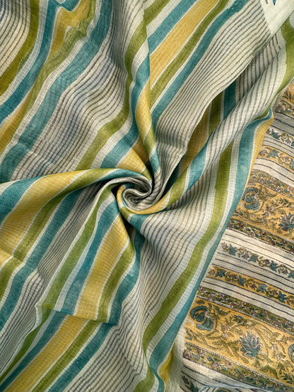 Sea Green-Multi Colour Hand Block-Print Pure Kota Doria Silk Saree