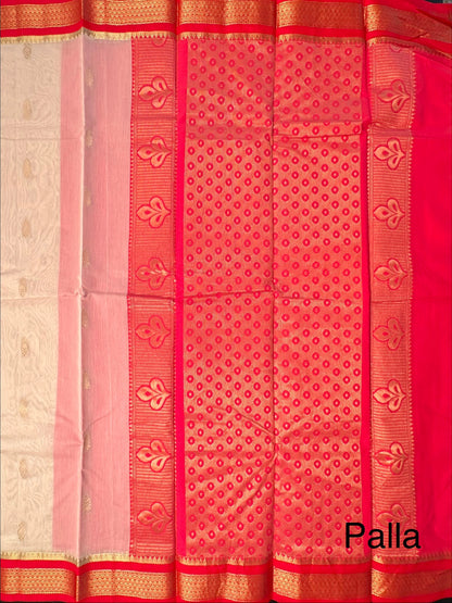 Beige-Red Pure Cotton Saree