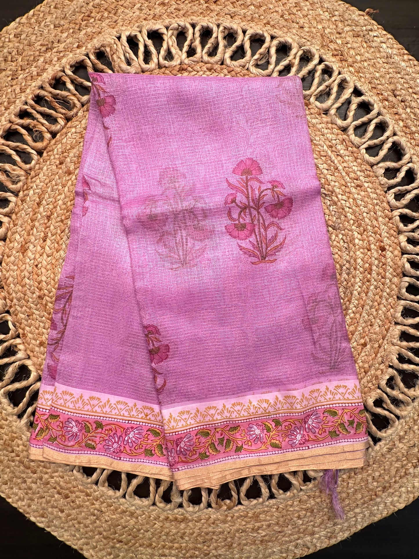 Mauve Hand Block-Print Pure Kota Doria Silk Saree