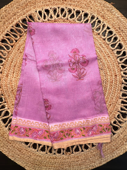 Mauve Hand Block-Print Pure Kota Doria Silk Saree