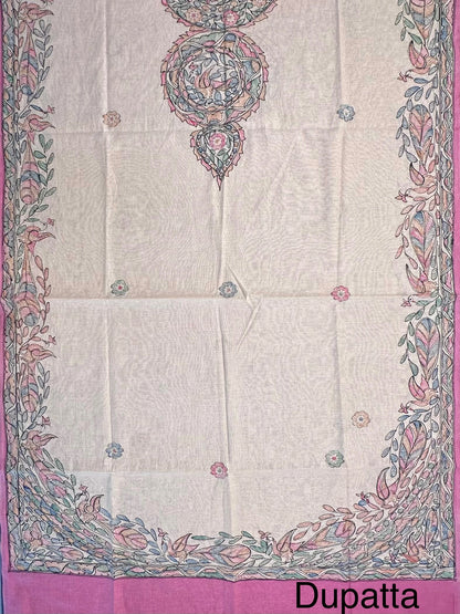 Pink Chanderi 3-Piece Unstitched Suit With Madhubani Dupatta