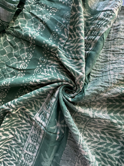 Pista Green Hand Block Printed Linen Saree