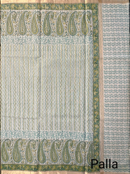 Mehndi Green Block Printed Kota Doria Cotton Saree