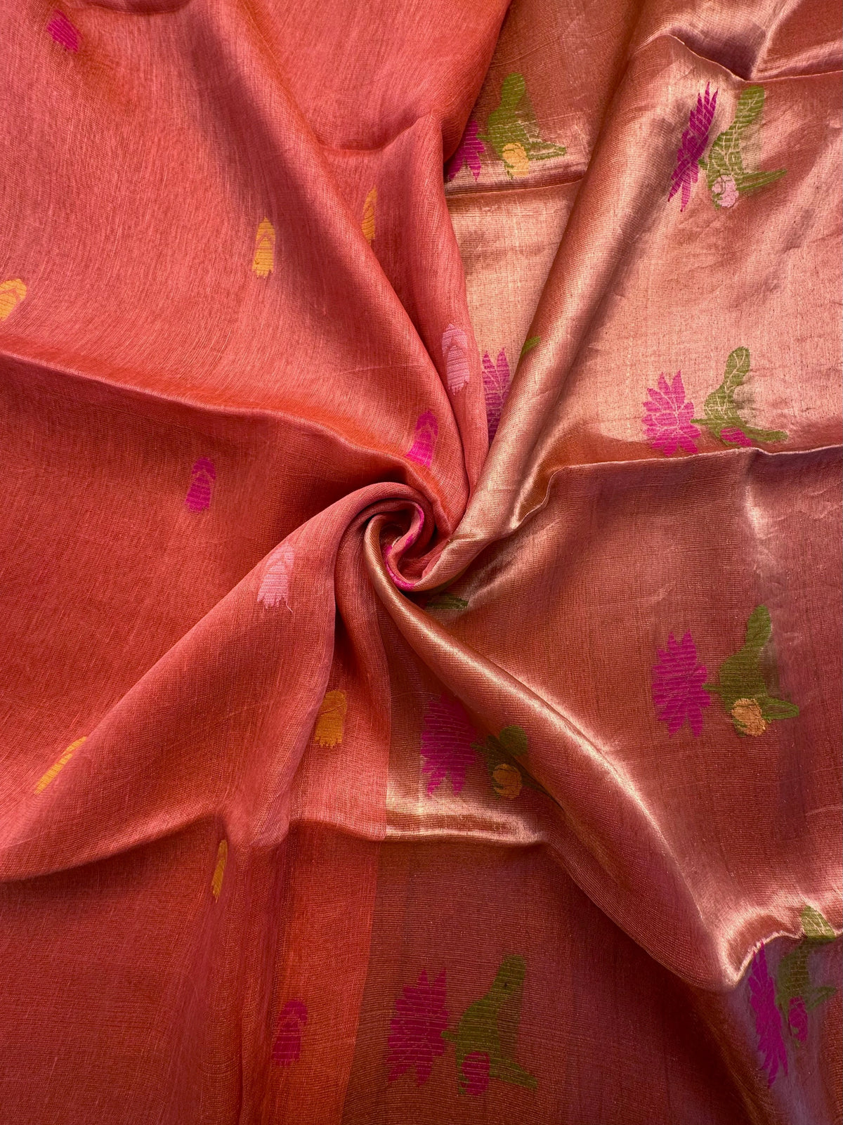 Peach Fancy Cotton Tissue Saree ( Linen Texture)