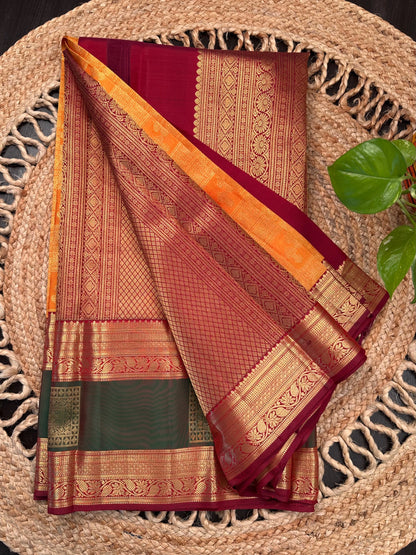 Mustard-Maroon Handloom Kadiyar Pure Silk Saree
