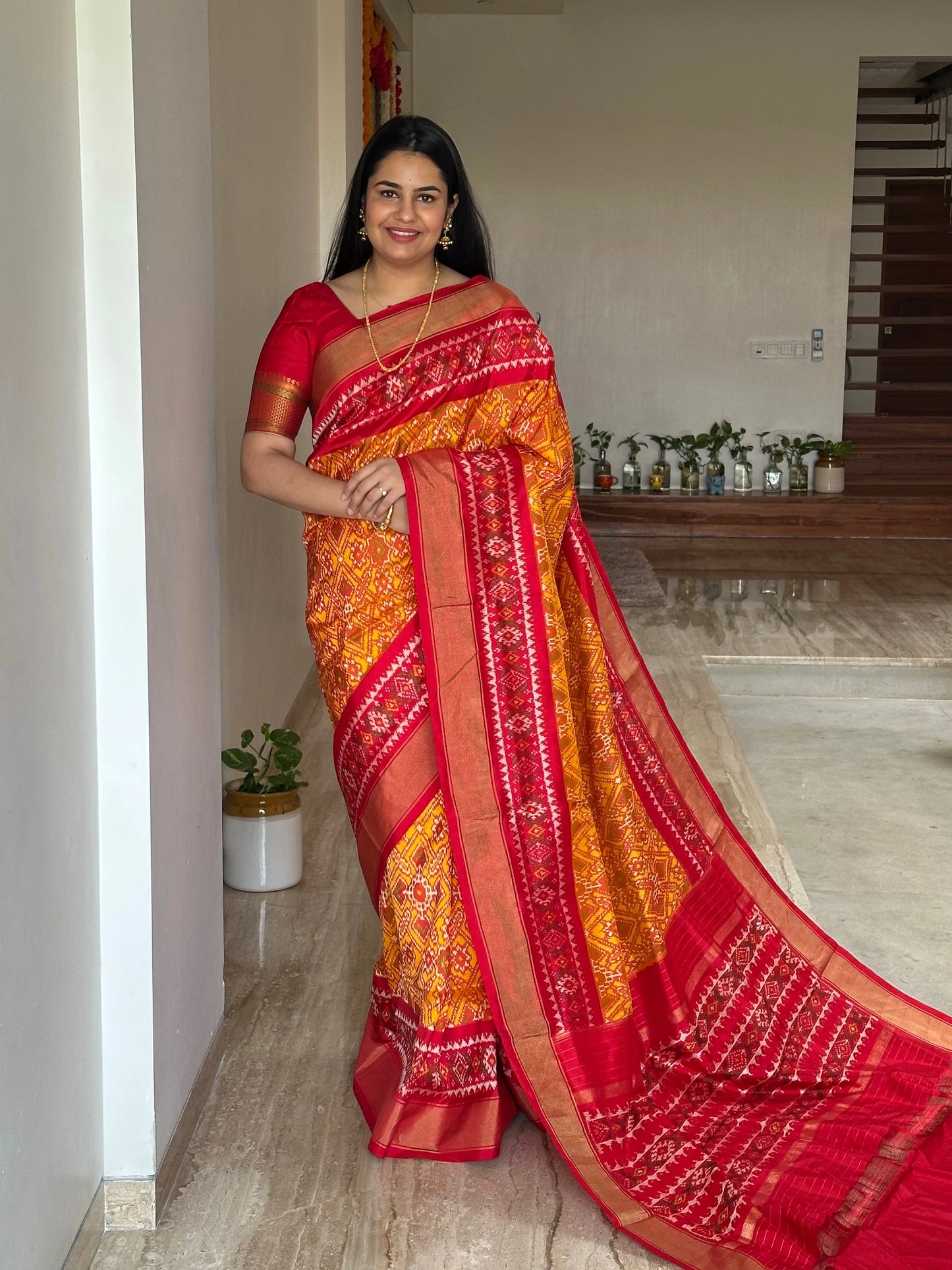 Mustard-Red Patola Handloom Silk Saree