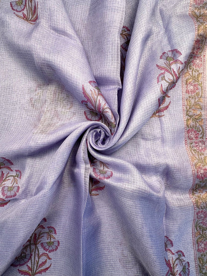 Blue Hand Block-Print Pure Kota Doria Silk Saree