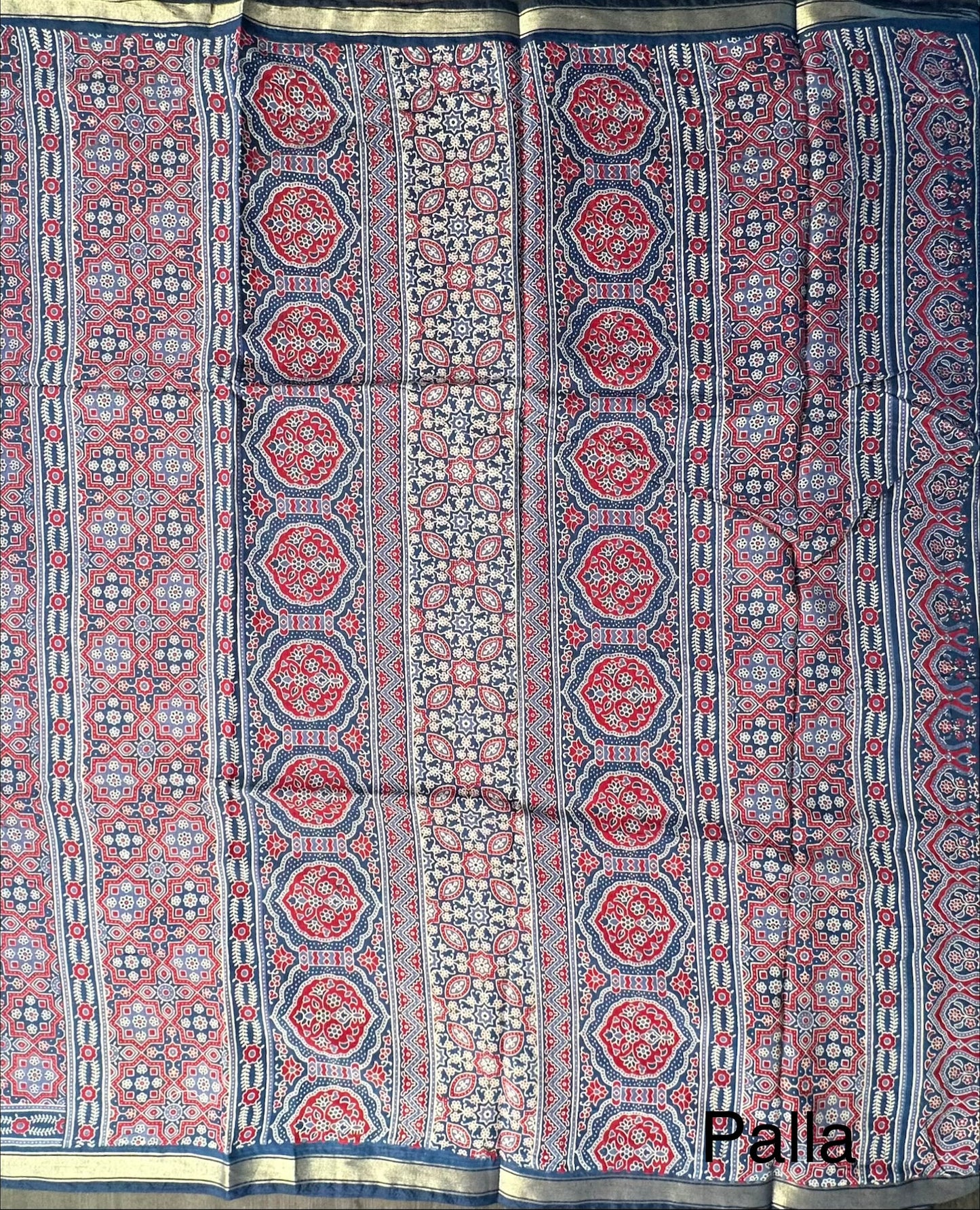 Navy Blue Ajrakh Print Cotton Blend Saree