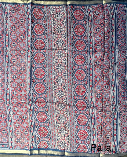 Navy Blue Ajrakh Print Cotton Blend Saree