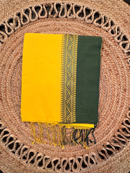 Yellow- Bottle Green Piku Bengal Cotton Saree
