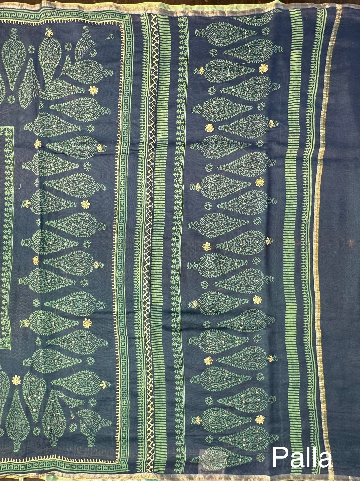 Blue-Sea Green Block Print Chanderi Saree With Kaantha Stitch