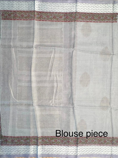 Grey Hand Block-Print Pure Kota Doria Silk Saree