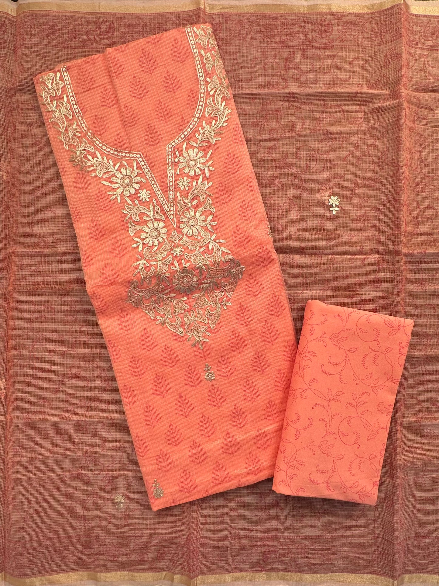 Peach 4-Piece Kota Doria Cotton Unstitched Suit