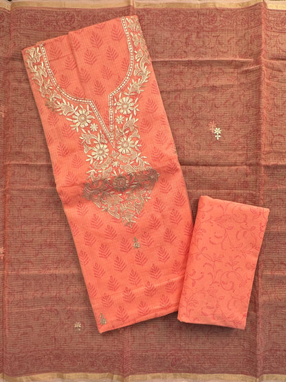 Peach 4-Piece Kota Doria Cotton Unstitched Suit