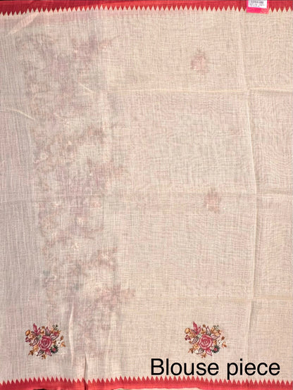 Cream Blended Cotton Saree with Handwork