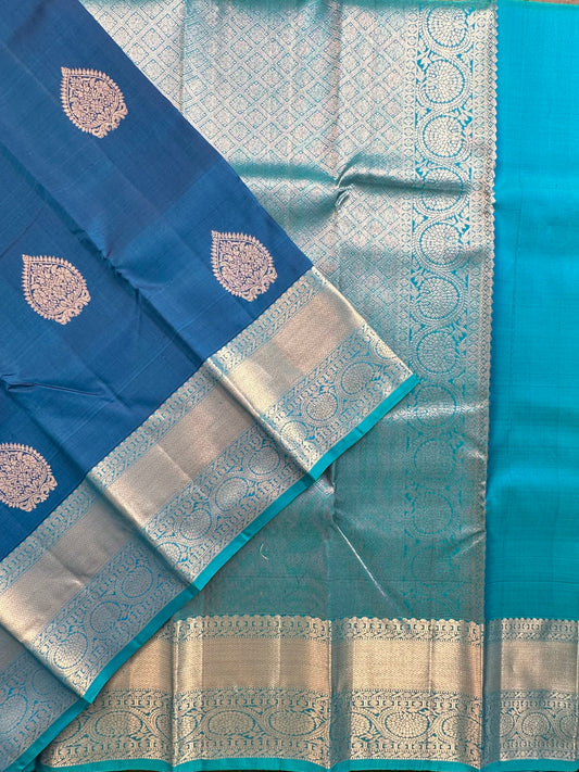 Blue-Firozi Handloom Kanjivaram Pure Silk Saree