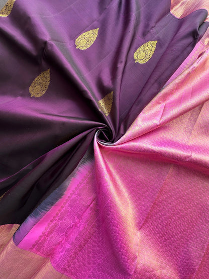 Wine-Pink Handloom Kanjivaram Pure Silk Saree