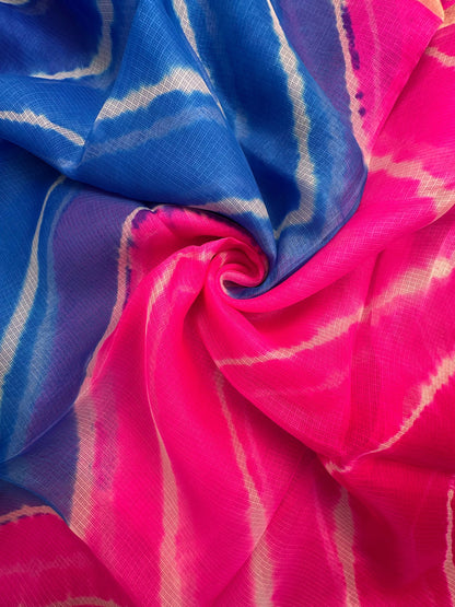 Blue-Pink Leheriya Kota Doria Pure Silk Saree