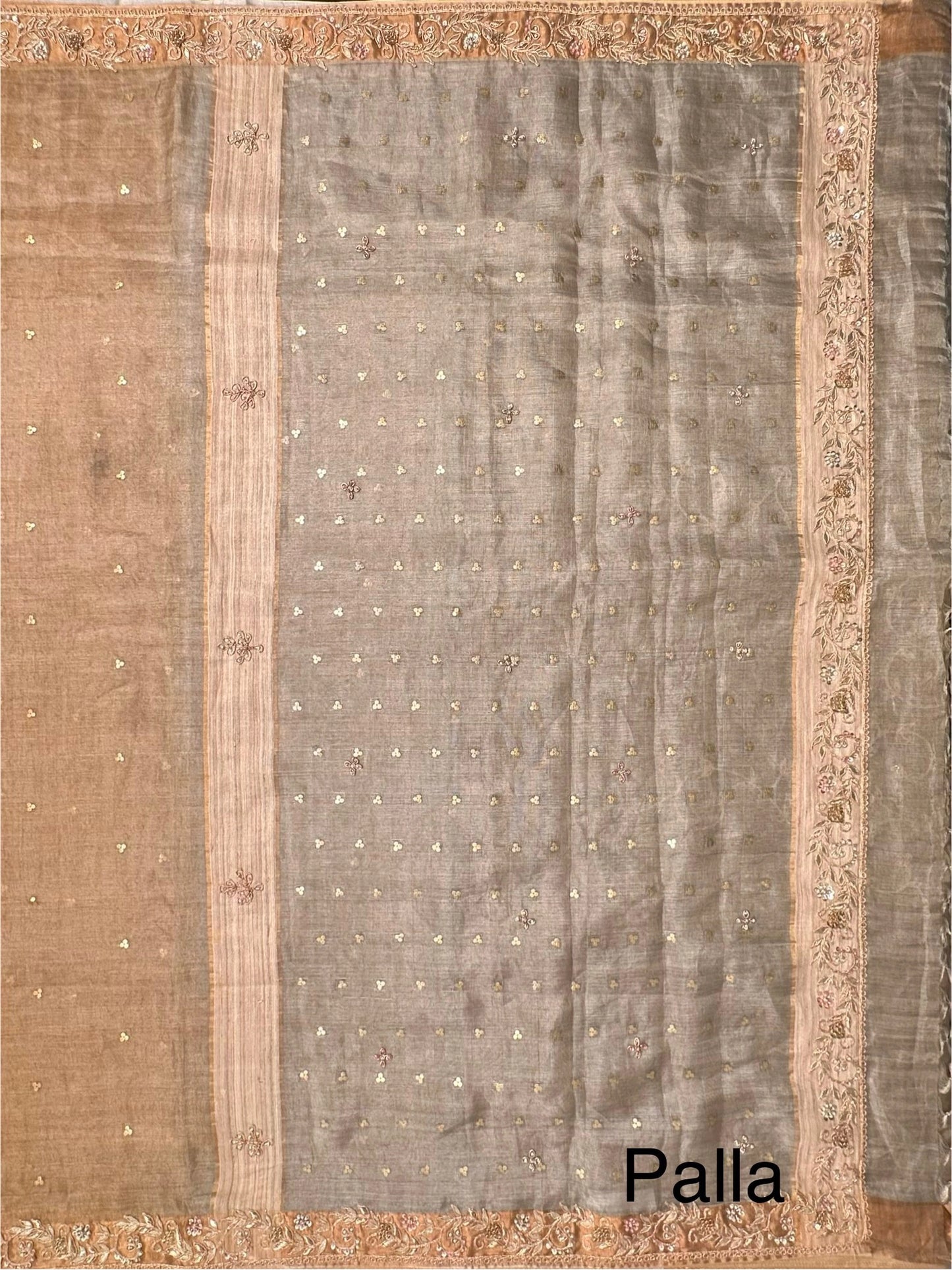 Golden-Silver Tissue Silk Saree With Hand Work