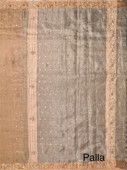Golden-Silver Tissue Silk Saree With Hand Work