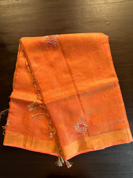 Orange Fancy Linen Tissue Saree with Handwork